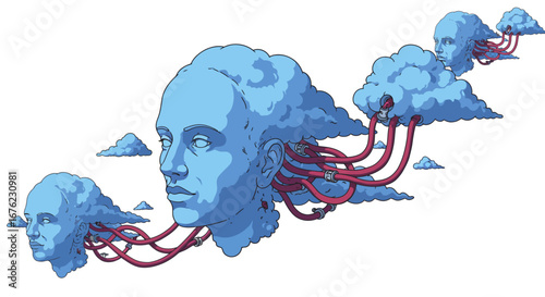 Surreal floating heads and clouds with tubes art