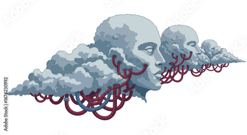 Surreal cloud faces with tubes in dreamy contemporary art style