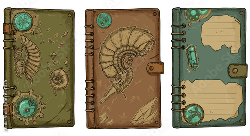 Vintage fossil themed journals with steampunk elements and detailed drawings