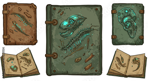 Ancient mystical tome with glowing fossils and alien symbols