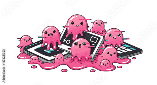 Cute slime characters on gadgets with glitch effect in a cartoon style