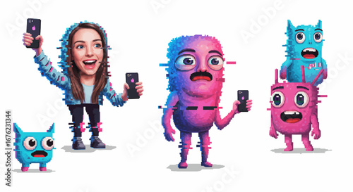 Pixelated characters taking selfies: fun and colorful digital art with glitch effect