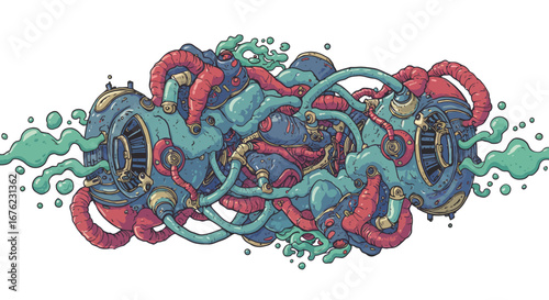 Futuristic abstract steampunk mechanical art with surreal tentacles