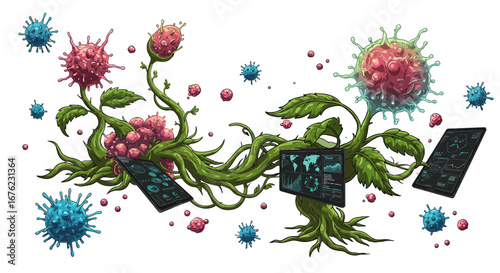 Futuristic digital network with organic virus growth and data screens