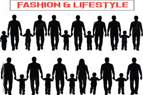 Silhouettes of Fathers and Sons Walking Hand-in- Hand in Two Rows child