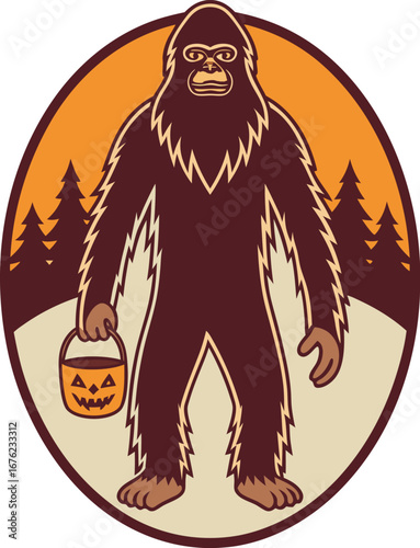 Bigfoot Holding a Halloween Candy Bucket in a Forest Setting sasquatch yeti