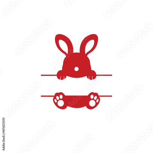 Red rabbit silhouette split monogram, easter bunny clipart name tag icon design isolated on white background.