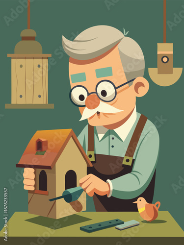 Elderly Craftsman Building a Birdhouse with Tools and Bird vector illustration
