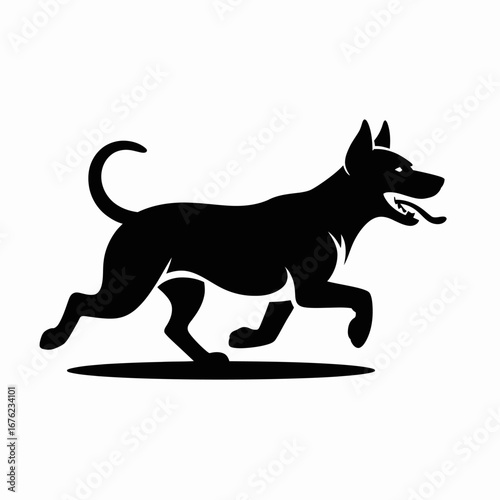 Black silhouette of a happy dog running with its tongue out