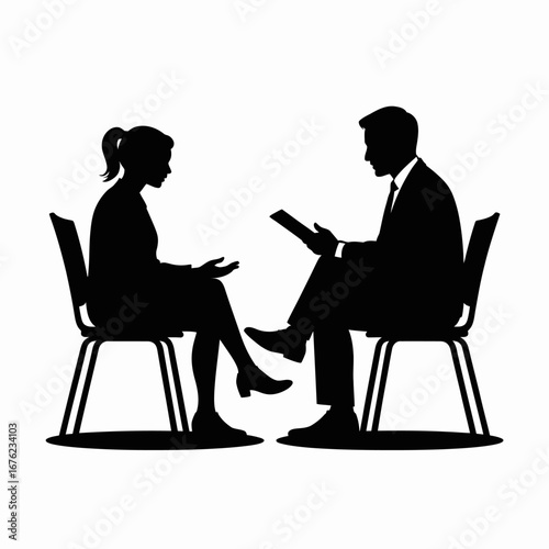 Silhouettes of a man and woman in a formal interview or meeting