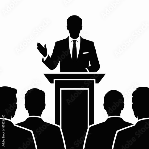 Silhouette of a speaker addressing an audience from a podium