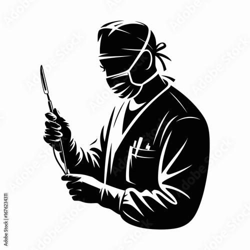 Surgeon in scrubs and mask holding medical instrument