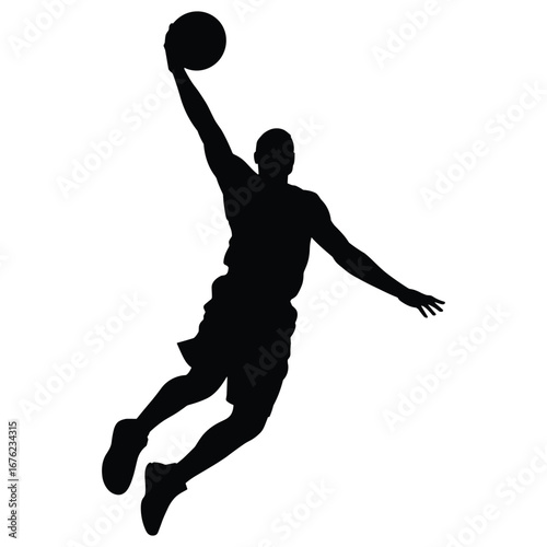 Basketball player in mid air performing a slam dunk silhouette