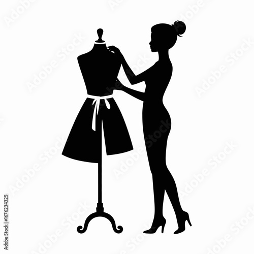 Silhouette of a fashion designer adjusting a dress on a mannequin