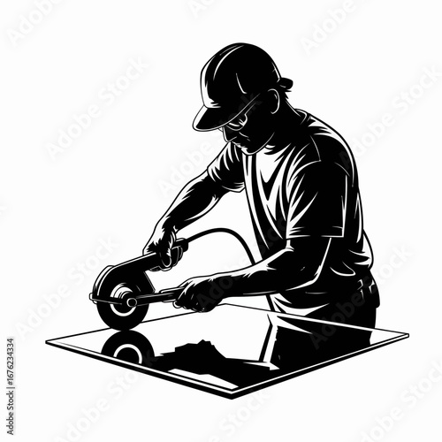Silhouette of a craftsman using a grinder on a reflective surface