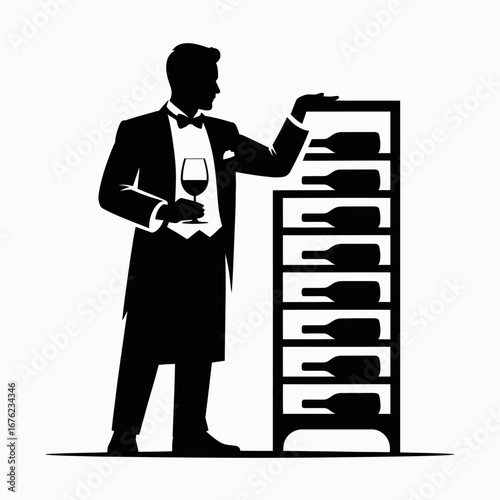 Elegant silhouette of a sommelier with wine rack and glass