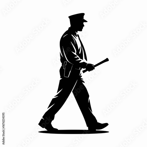 Silhouette of a police officer walking with a baton