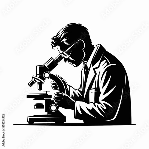 Scientist in a lab coat examining a specimen under a microscope