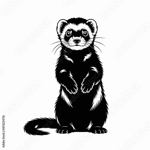 Black and white illustration of a curious ferret standing upright