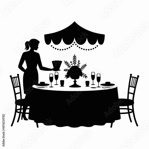 Silhouette of a server setting a formal dining table under a decorative canopy