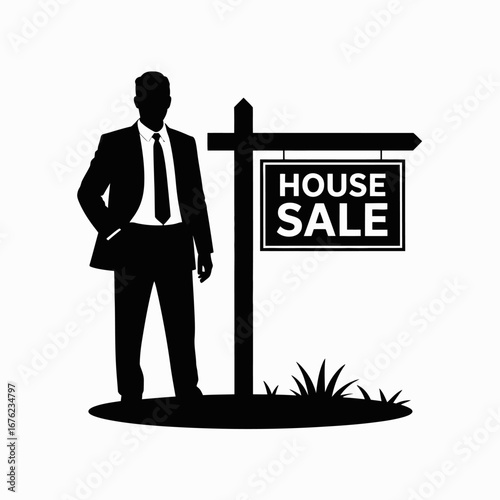 Silhouette of a businessman standing next to a house for sale sign