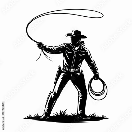 Silhouette of a cowboy cracking a whip in a dramatic pose