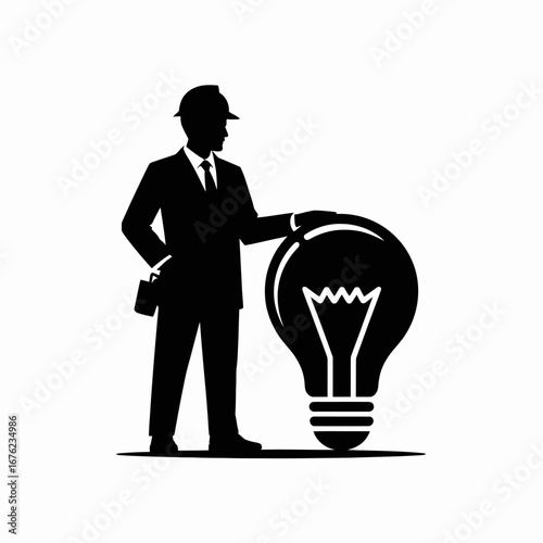 Silhouette of an engineer in a hard hat standing next to a large illuminated light bulb