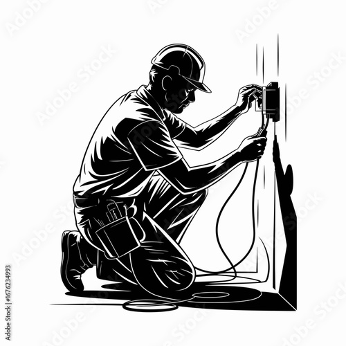 Silhouette of a construction worker installing an electrical outlet on a wall
