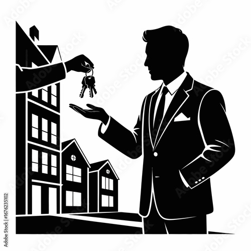 Real estate agent handing over keys to new homeowner in front of houses