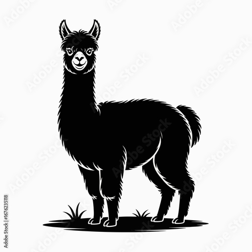 Stylized black silhouette of a llama standing on grass