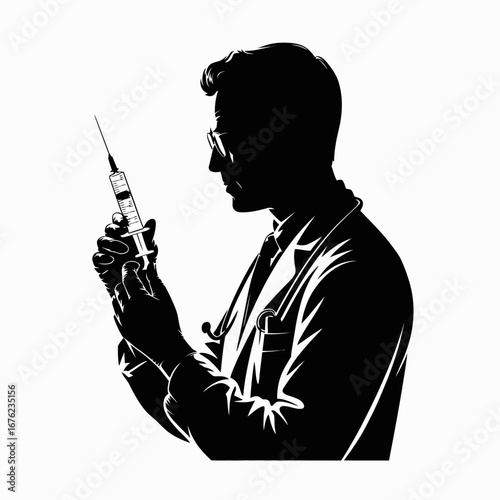 Silhouette of a doctor in a lab coat holding a syringe with a needle