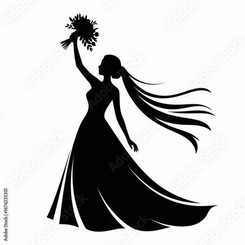 Silhouette of a bride in a flowing dress holding a bouquet aloft