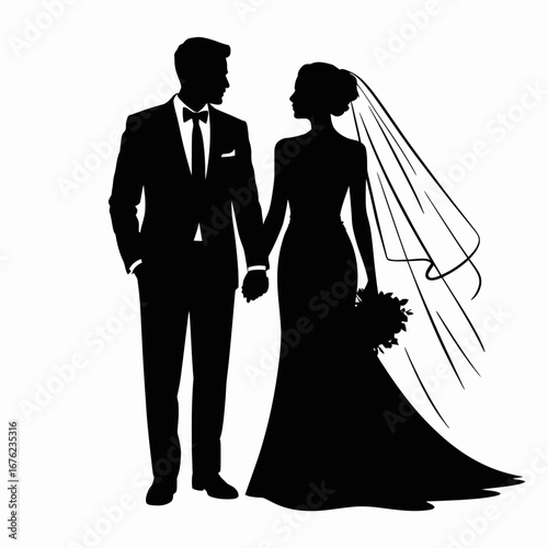 Elegant silhouette of a bride and groom holding hands on wedding day