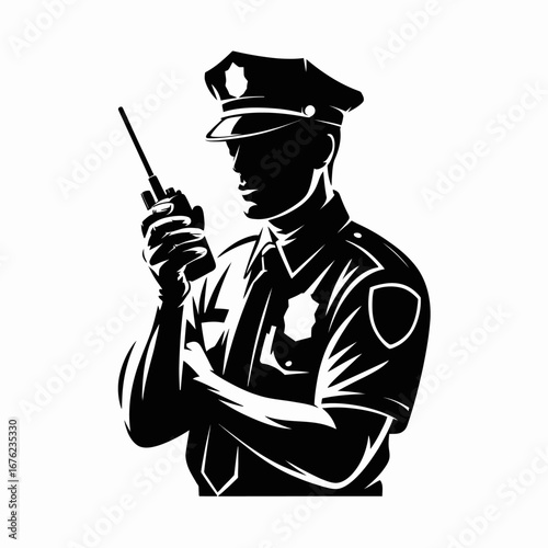 Silhouette of a police officer holding a walkie talkie with crossed arms