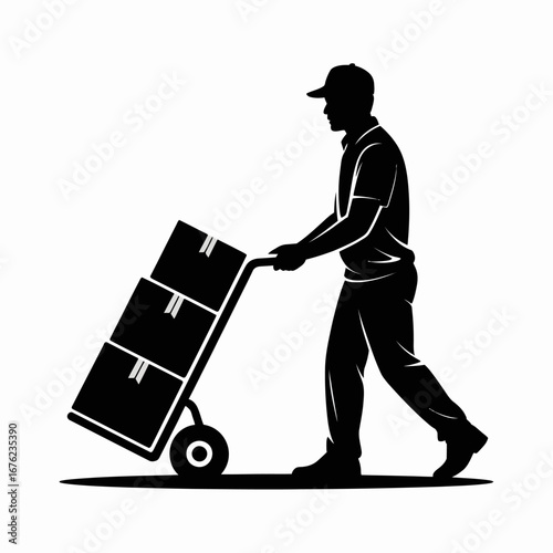 Silhouette of a delivery person pushing a hand truck with boxes