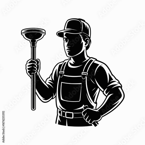 Skilled plumber in overalls holding a plunger ready for work