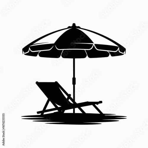 Black silhouette of a beach chair and umbrella on a sunny day