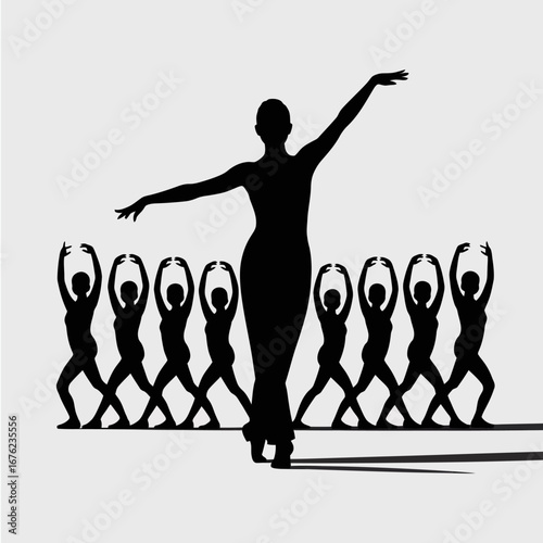 Ballet instructor leads students in graceful dance class silhouette