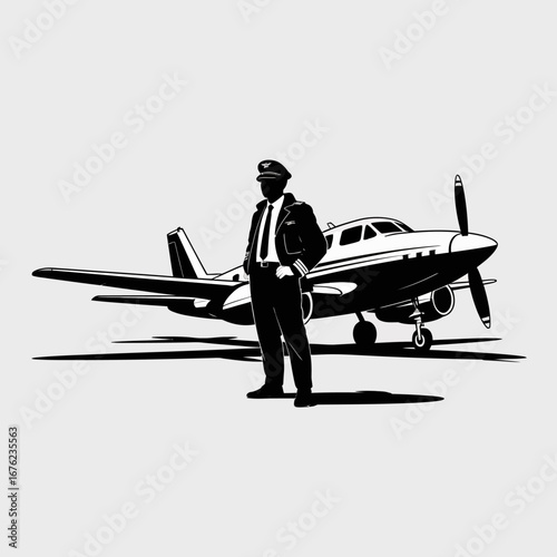 Pilot standing proudly next to vintage single engine airplane on tarmac