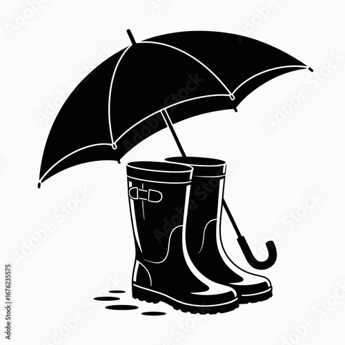Black silhouette of rain boots and umbrella on white background