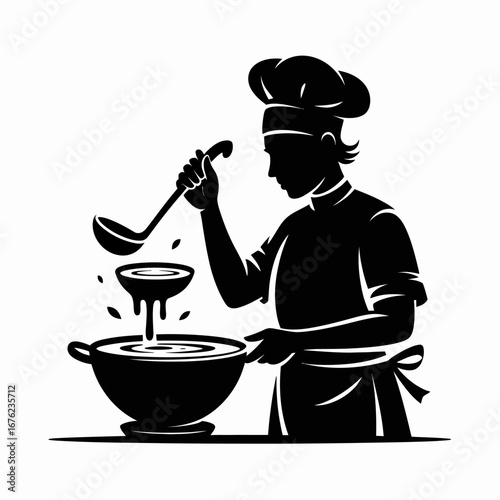 Silhouette of a chef in a tall hat stirring a pot with a ladle