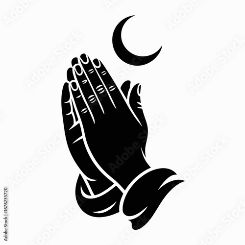 Black silhouette of praying hands with crescent moon above