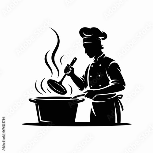 Silhouette of a chef cooking in a pot with steam rising