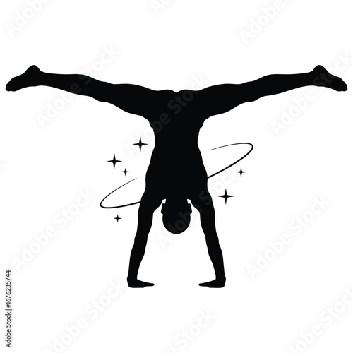 Athlete performing a dynamic handstand split with stars and a circular motion effect silhouette
