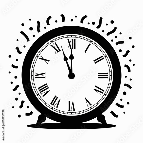 Silhouette of a vintage clock showing almost midnight with confetti celebration