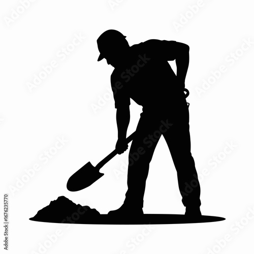 Silhouette of a man digging a hole with a shovel on a white background