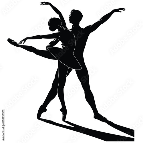 Elegant ballet dancers performing a pas de deux silhouette