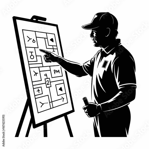Coach points to diagram on whiteboard explaining game strategy to team