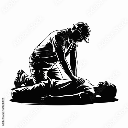 Silhouette of person performing cpr on another person lying on the ground