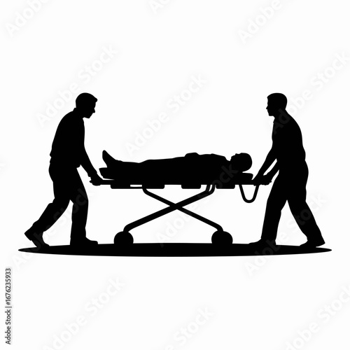 Two silhouetted figures transporting a person on a stretcher